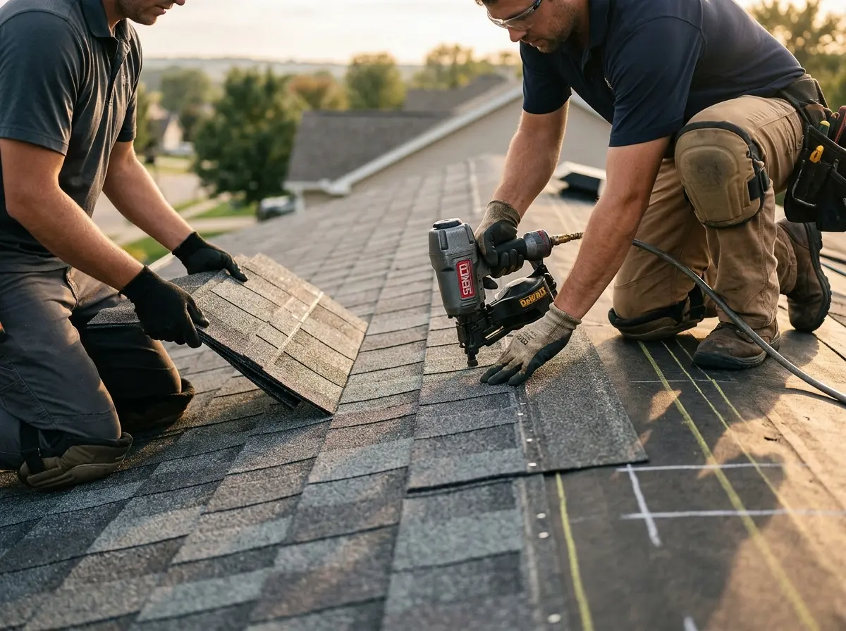 Professional roofer working on a residential roof in Philadelphia